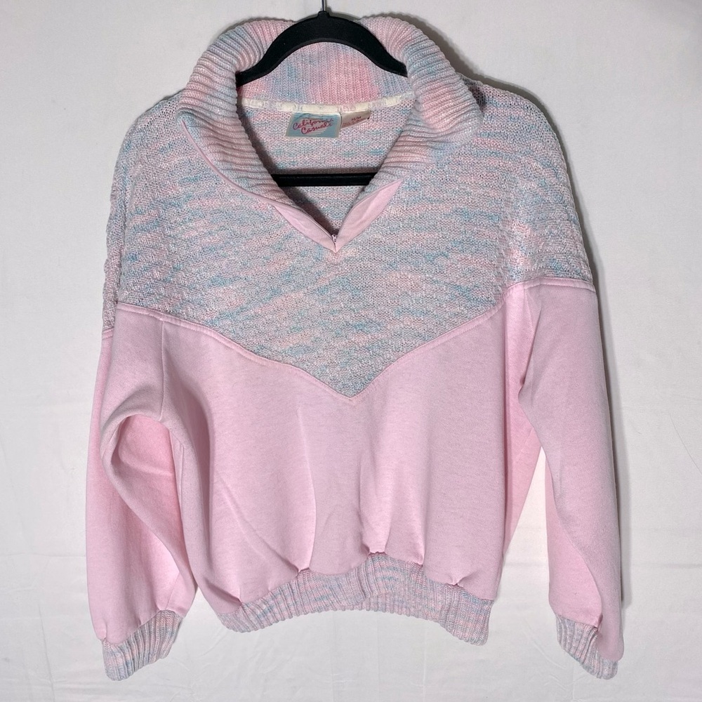 Vintage California Casuals Pink Blue Mock Neck 1/4 Zip Pullover Sweatshirt M